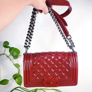 Elegant Red Quilted Chain‎ Strap Party Purse Lattice Clutch Glossy Shoulder Bag